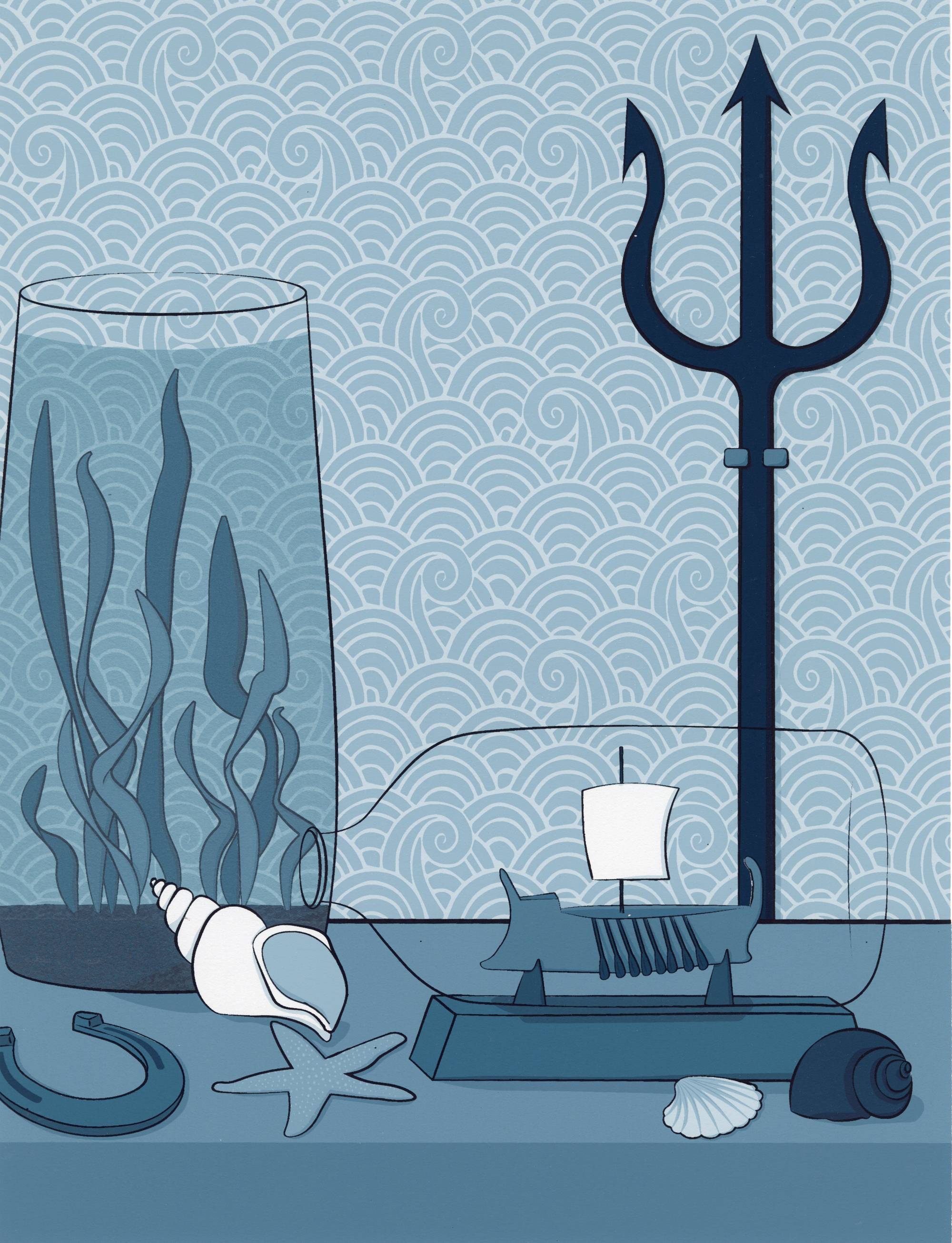 Print in only shades of blue that includes items that relate to the myth of Poseidon, including a trident, a ship in a bottle, shells, a horseshoe and amphibious plants in a glass vase.